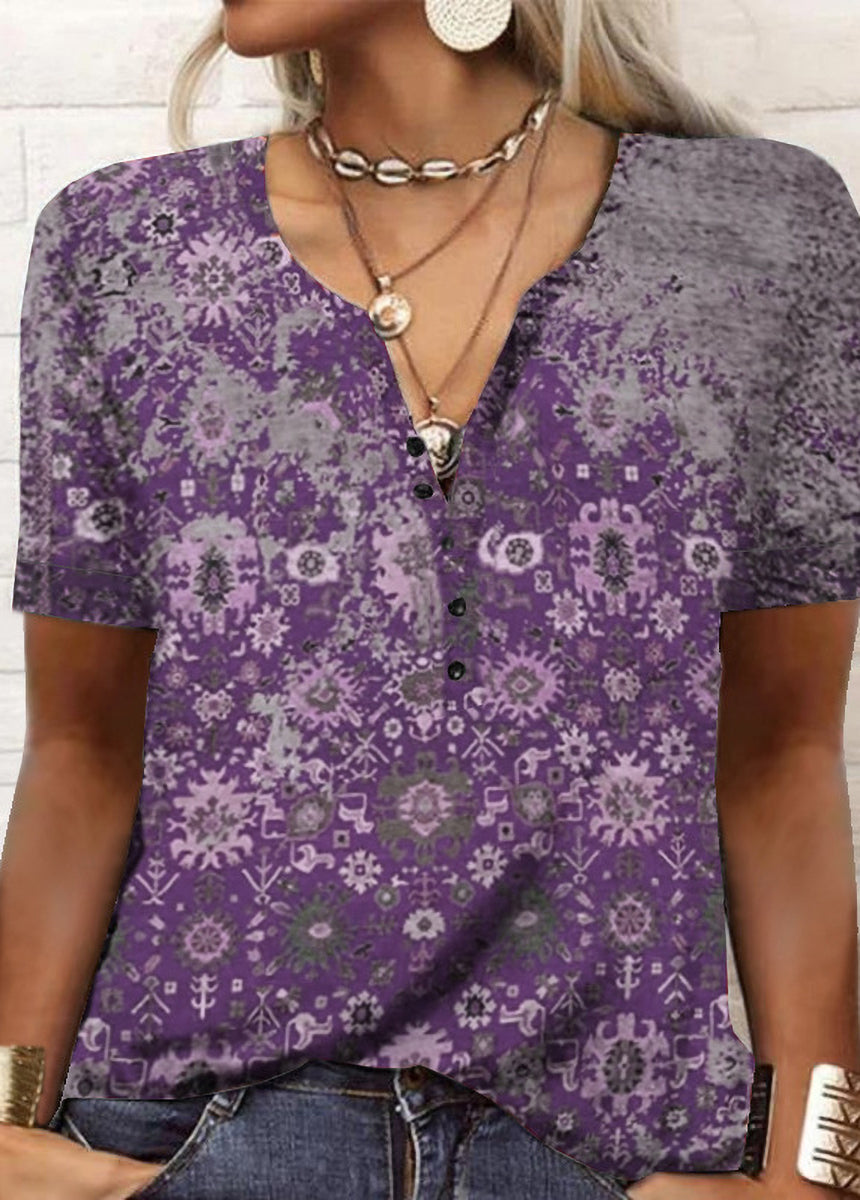 Printed Ethnic Style V-neck Short Sleeve T-shirt