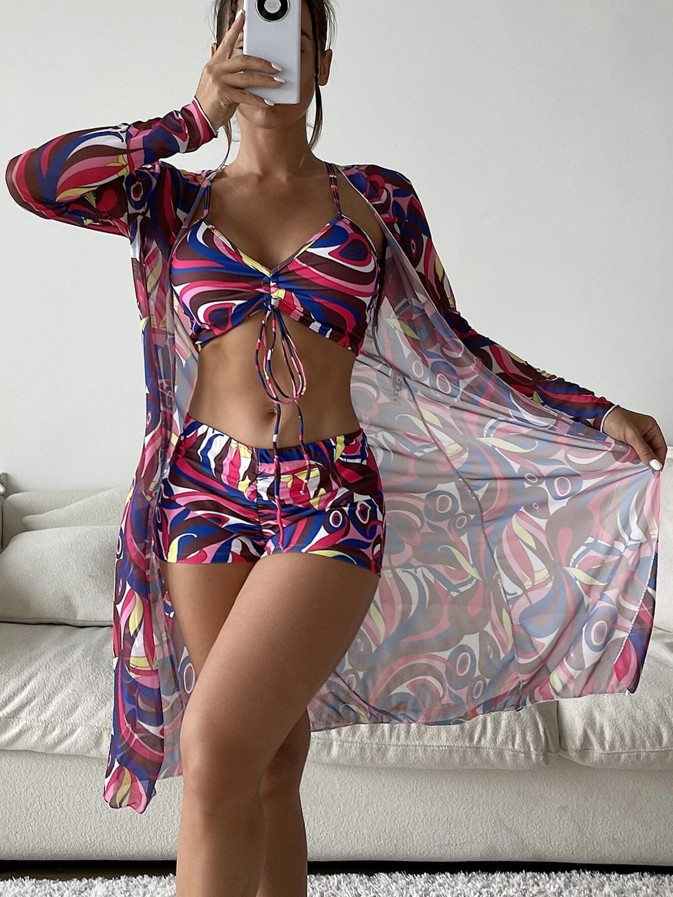 3pack Allover Print Drawstring Ruched Bikini Swimsuit