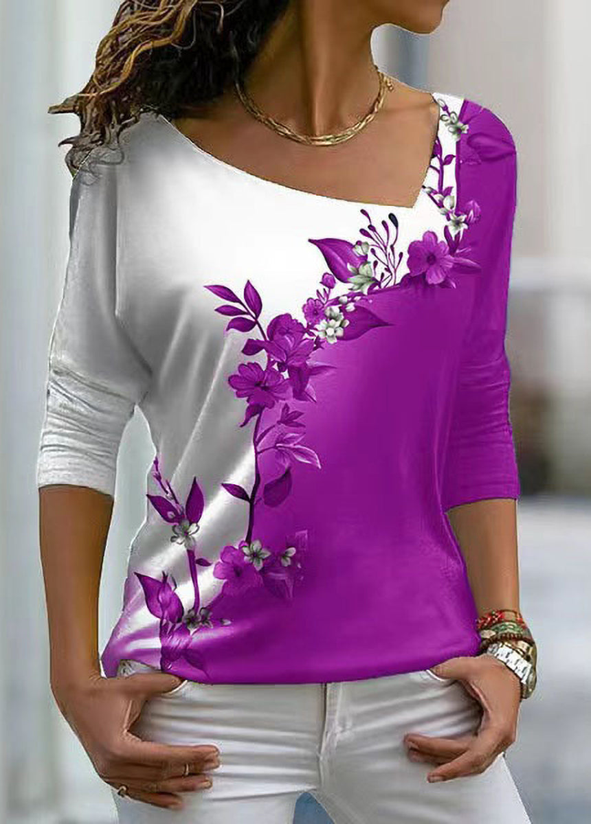 V-neck Floral Long-sleeved T-shirt