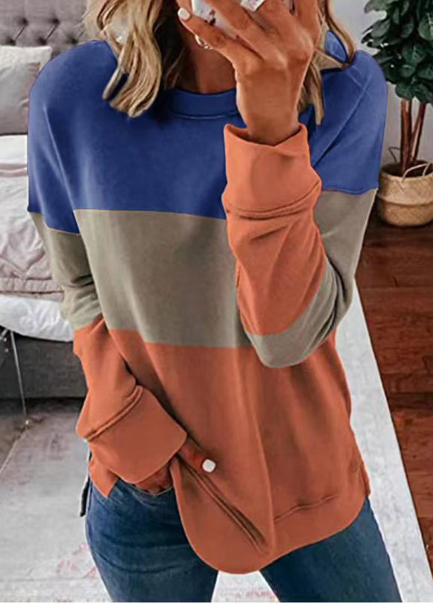 Spliced Color Block Round Neck Loose Long-sleeved Top