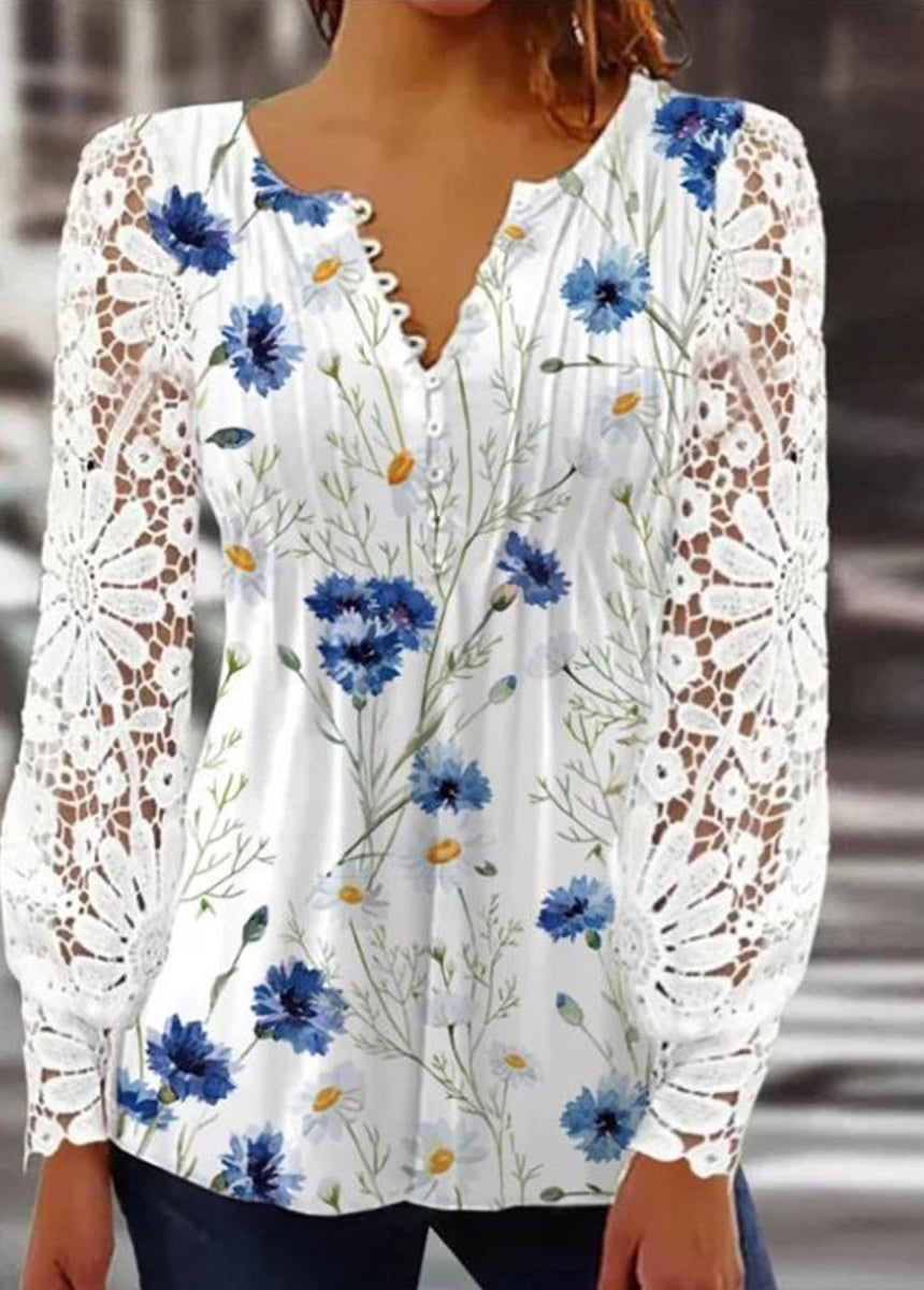 Lace Trim Pleated Solid Color Long Sleeve Button-Up T-Shirt