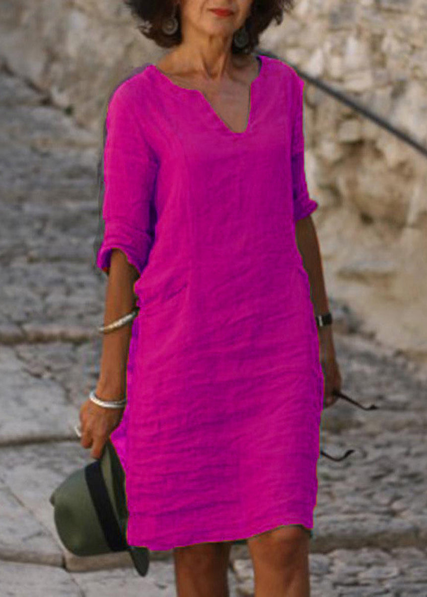 Cotton And Linen Small V-Neck Splicing Retro Solid Color Seven-Point Sleeve Dress