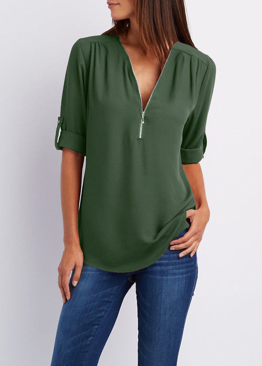 V-neck Zipper Loose Fit Chiffon Long Sleeve Shirt