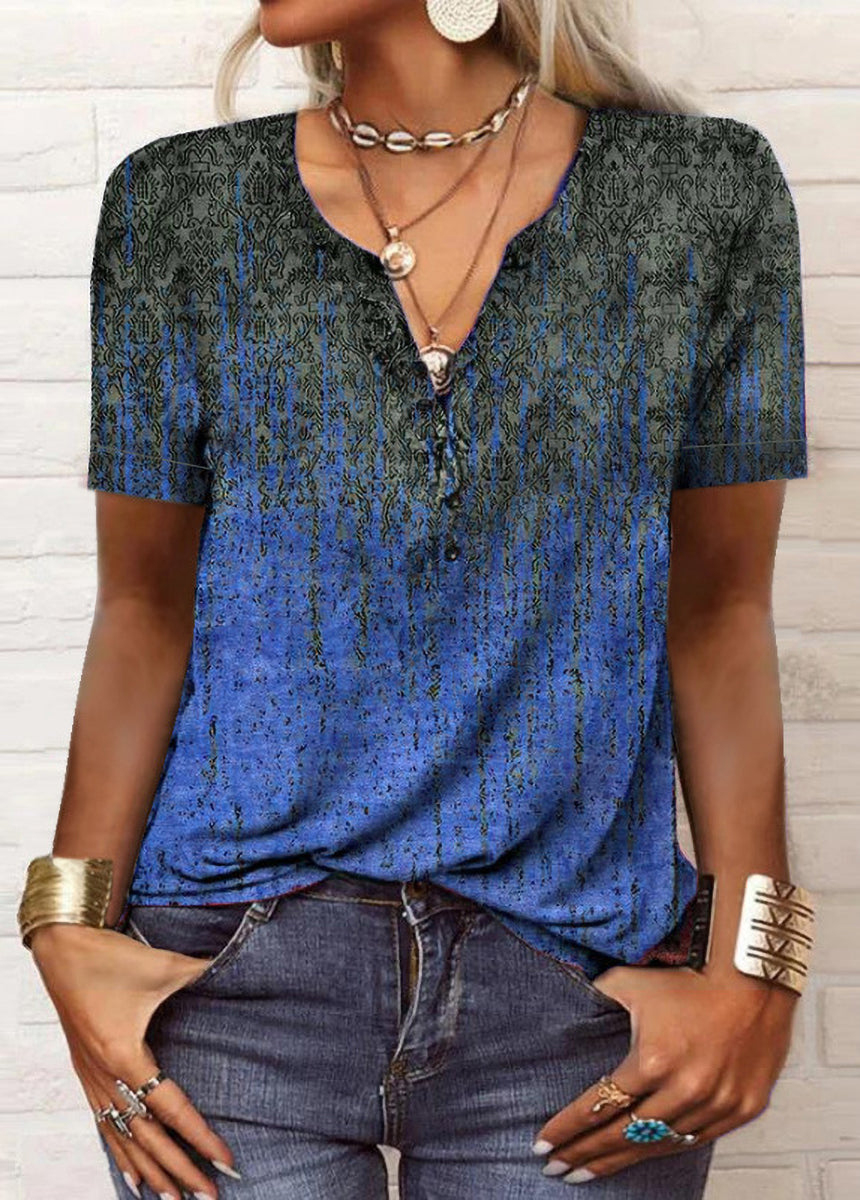 Printed Ethnic Style V-neck Short Sleeve T-shirt