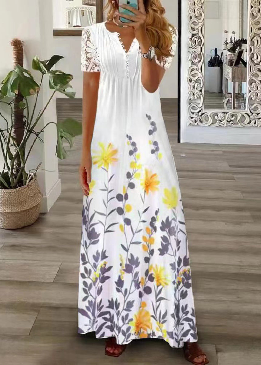 V-neck Single-breasted Lace Edge Short Sleeve Floral Print Dress