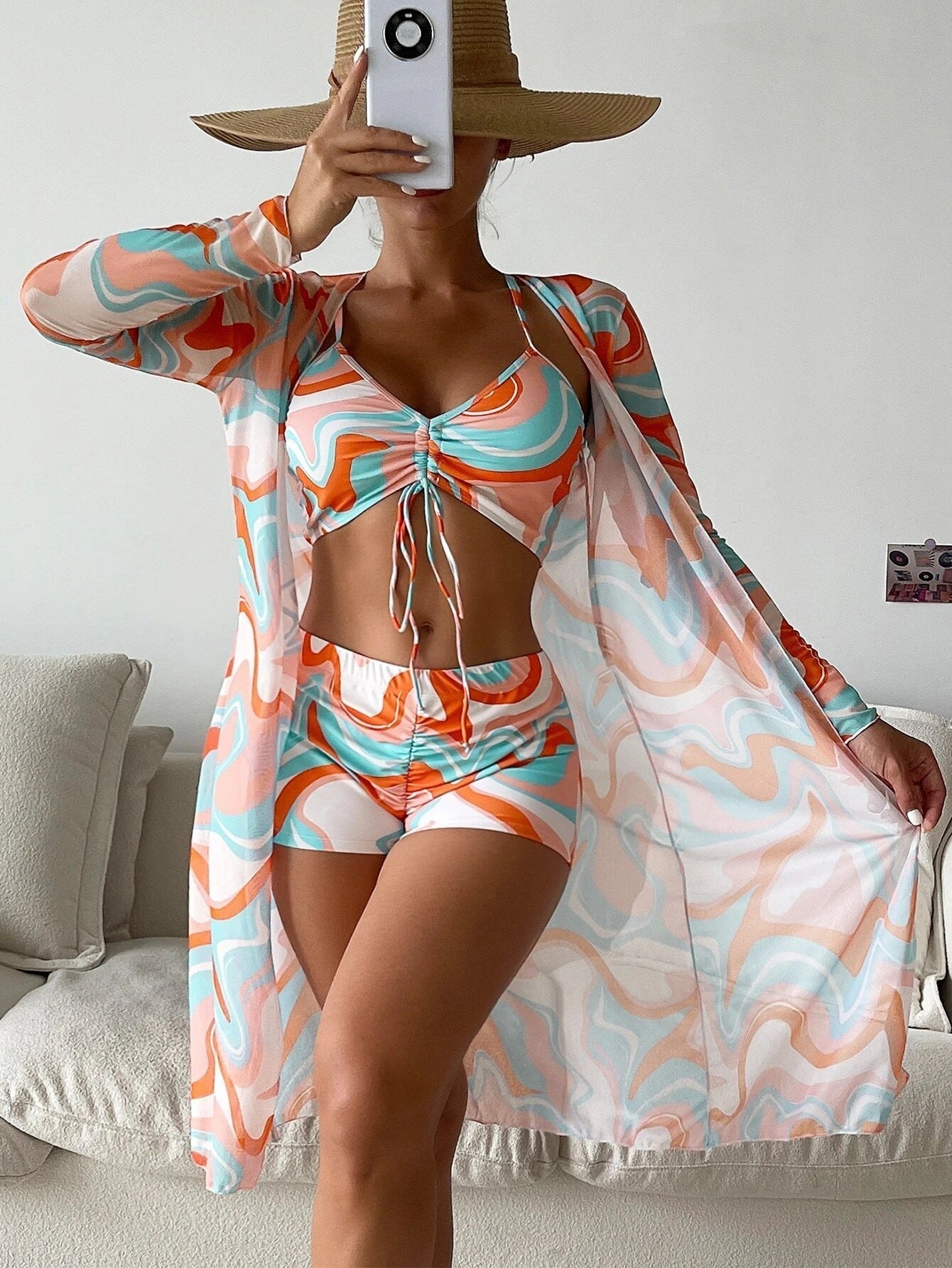 3pack Allover Print Drawstring Ruched Bikini Swimsuit