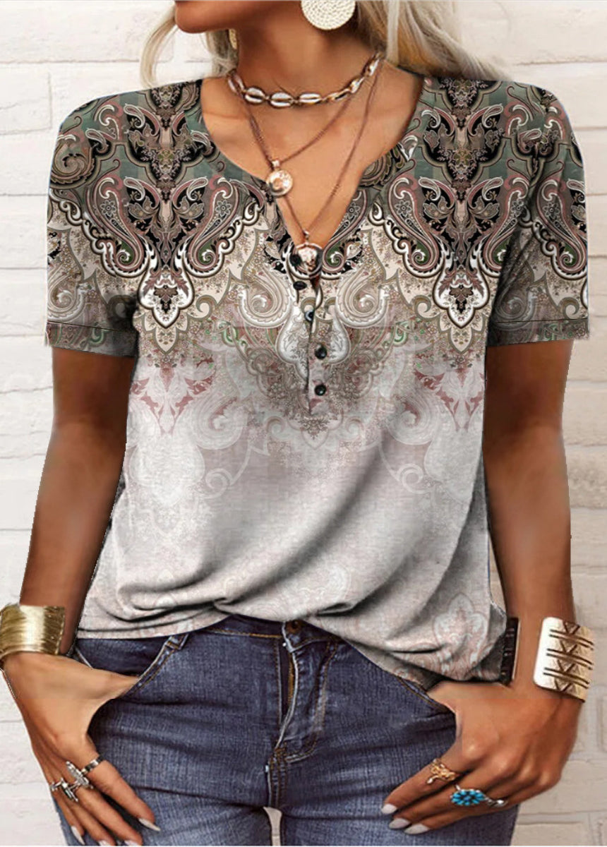 Printed Ethnic Style V-neck Short Sleeve T-shirt
