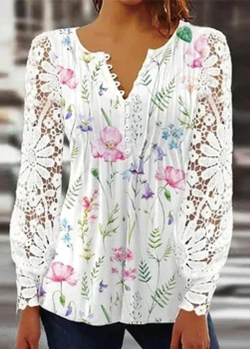 Lace Trim Pleated Solid Color Long Sleeve Button-Up T-Shirt