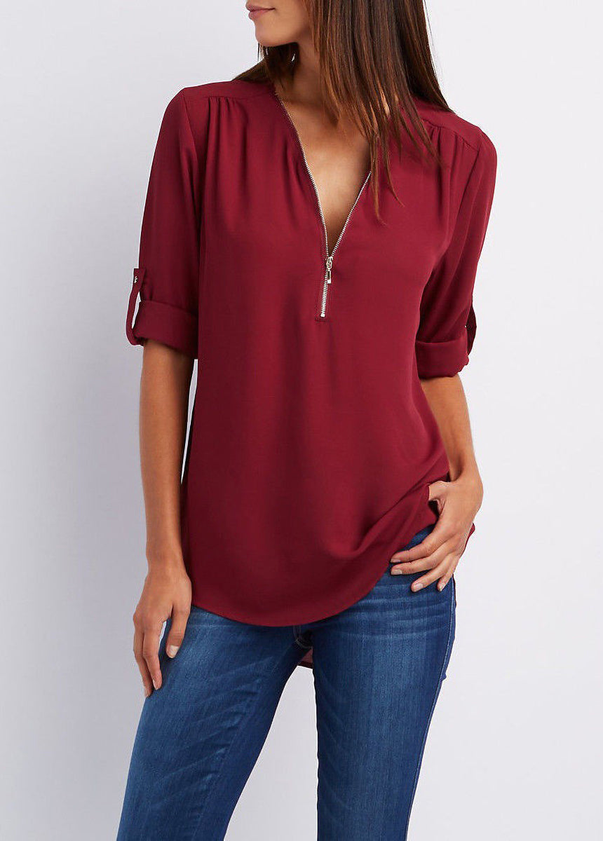 V-neck Zipper Loose Fit Chiffon Long Sleeve Shirt