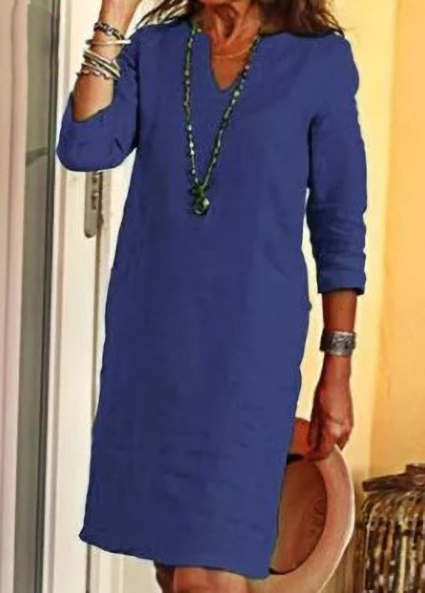 Cotton And Linen Small V-Neck Splicing Retro Solid Color Seven-Point Sleeve Dress