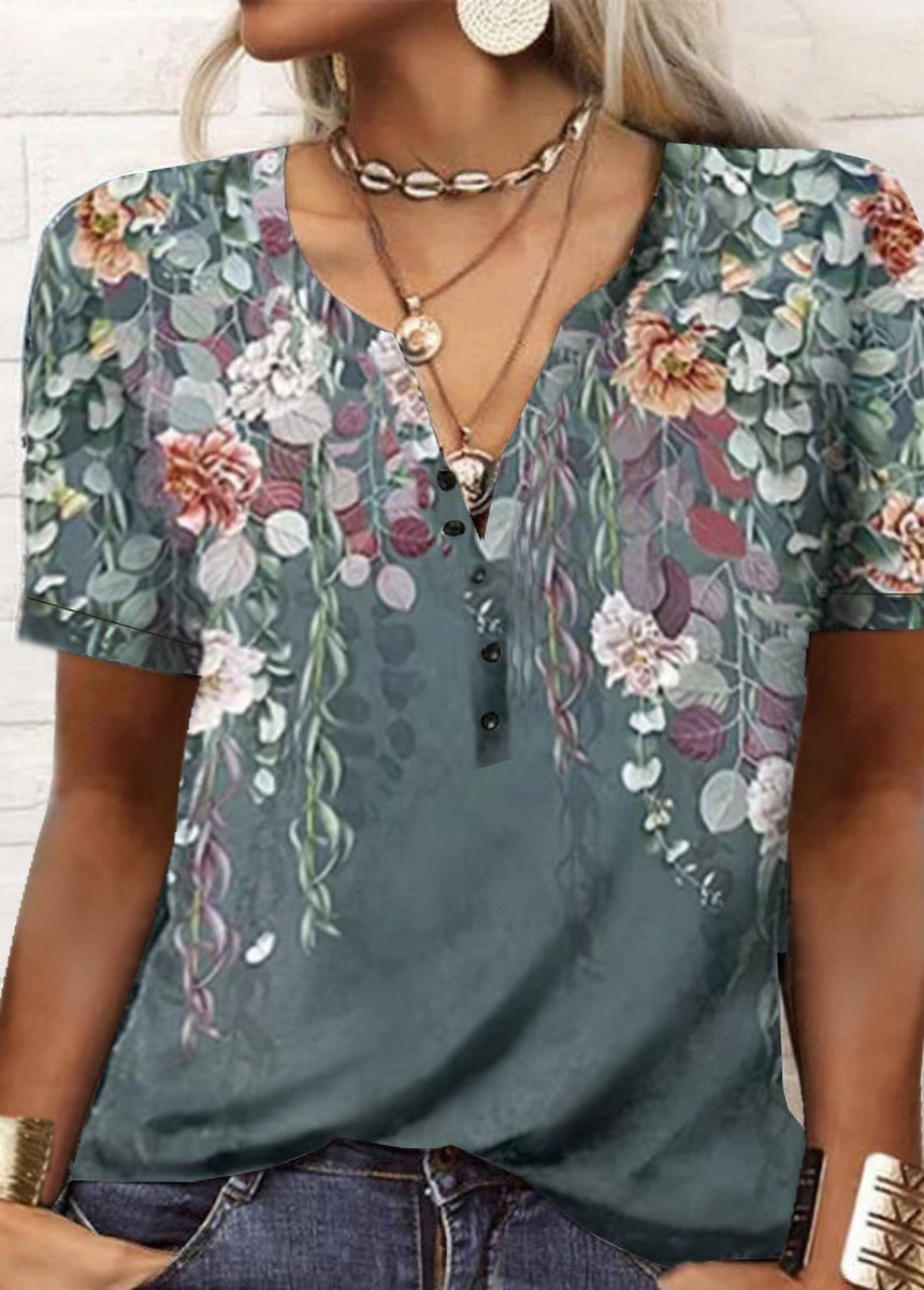 Printed Ethnic Style V-neck Short Sleeve T-shirt