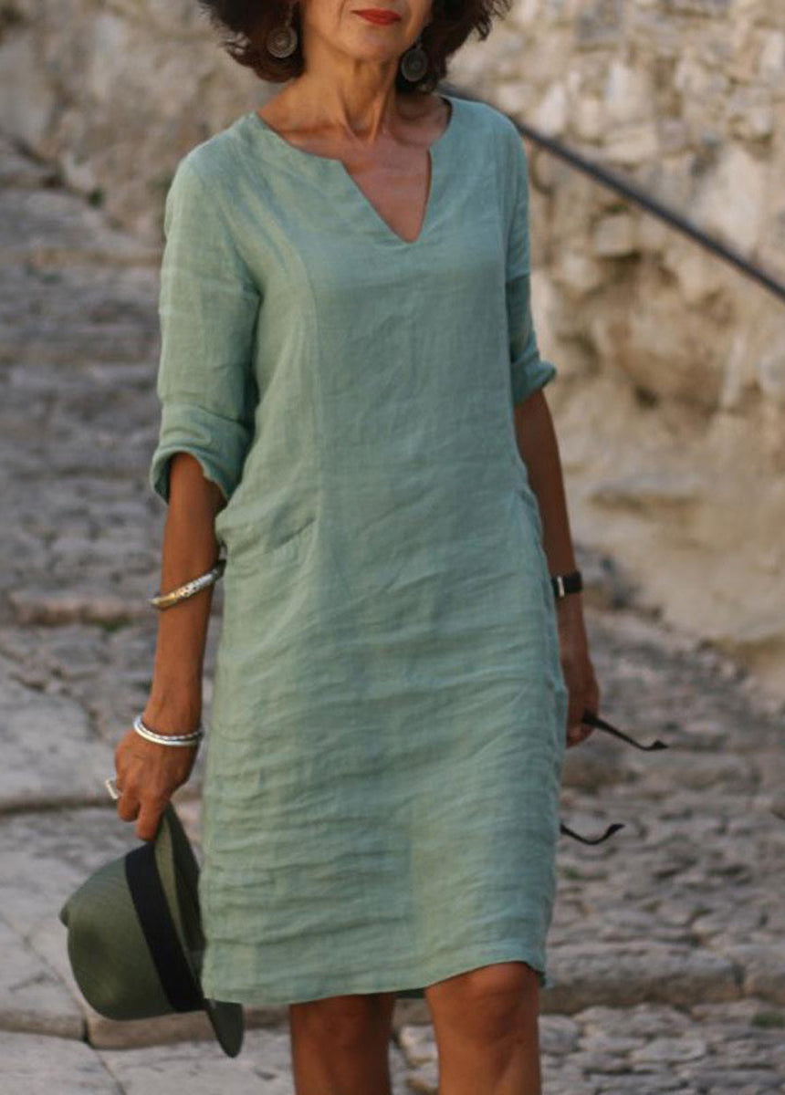 Cotton And Linen Small V-Neck Splicing Retro Solid Color Seven-Point Sleeve Dress