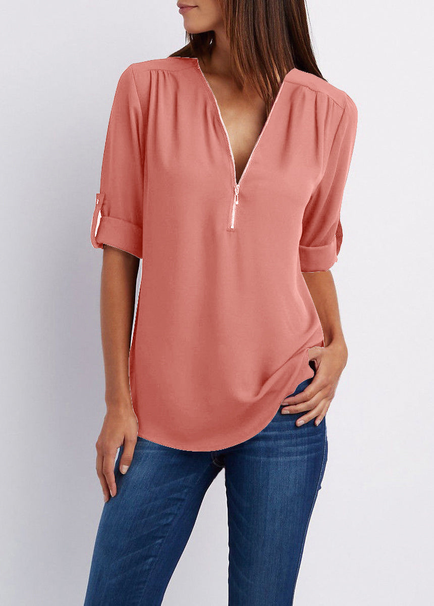 V-neck Zipper Loose Fit Chiffon Long Sleeve Shirt