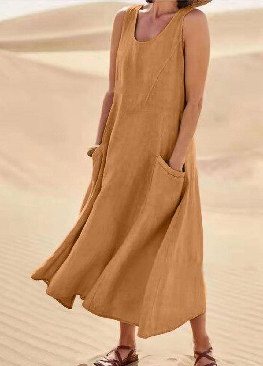 Solid Color Sleeveless Cotton And Linen Dress