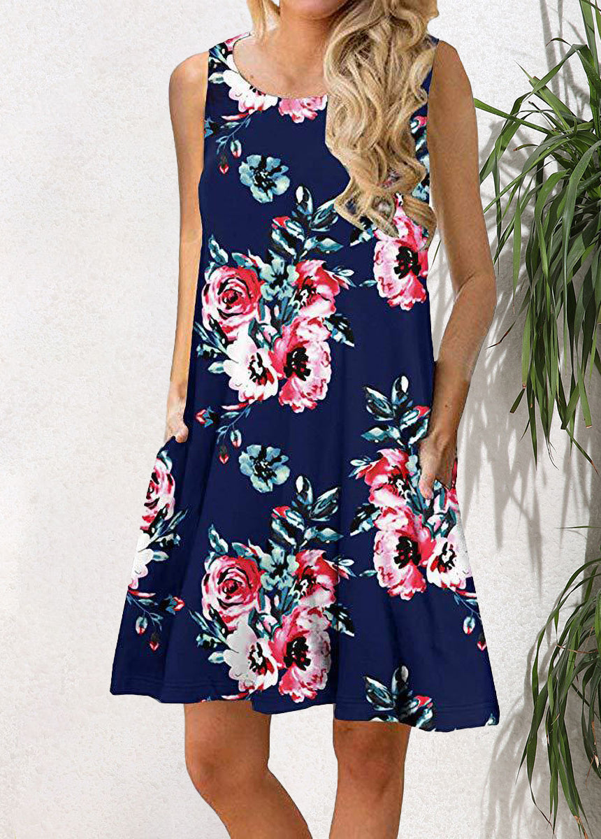 Sleeveless Pullover Printed Pocket Swing Round Neck Vest Dress
