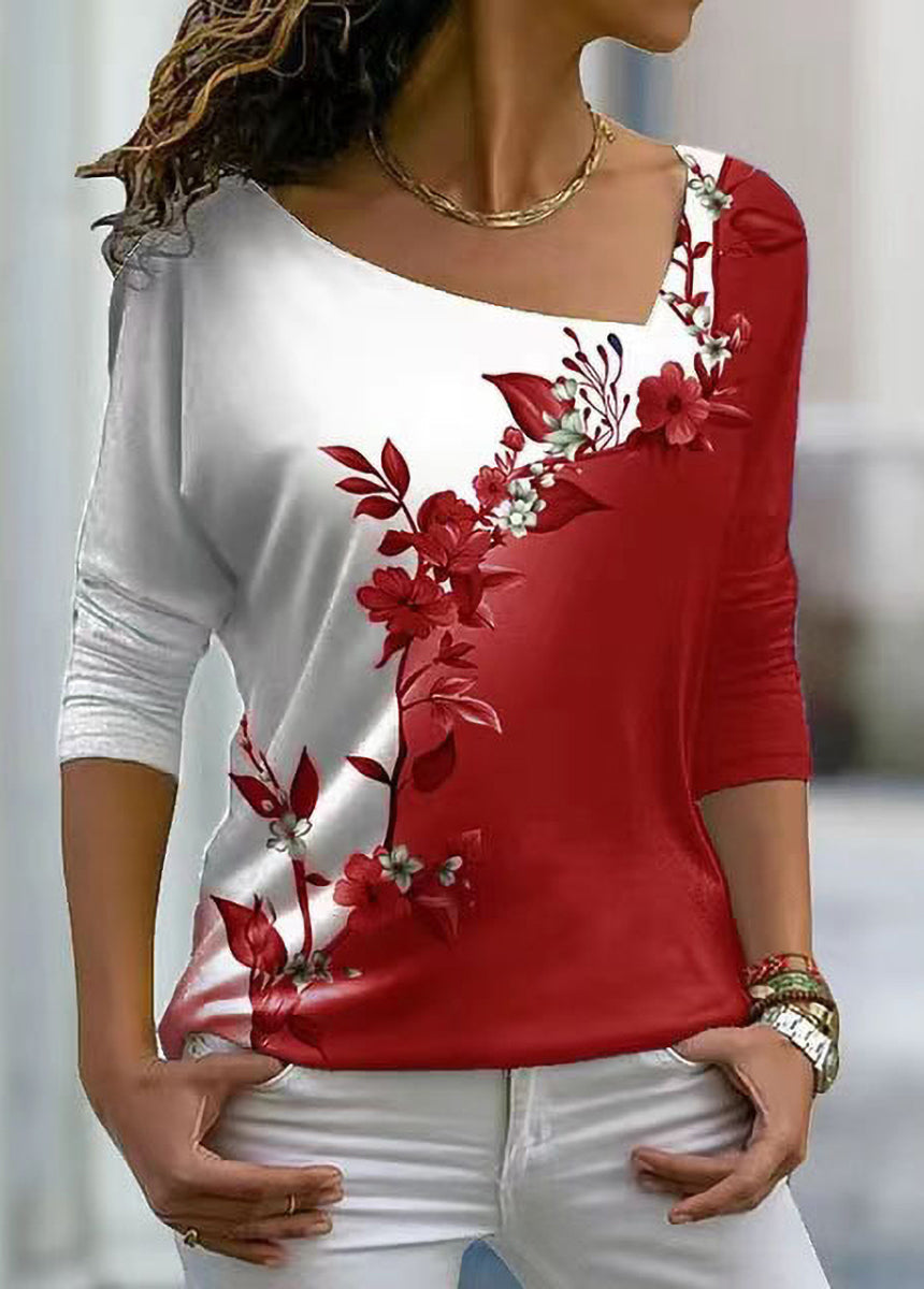 V-neck Floral Long-sleeved T-shirt