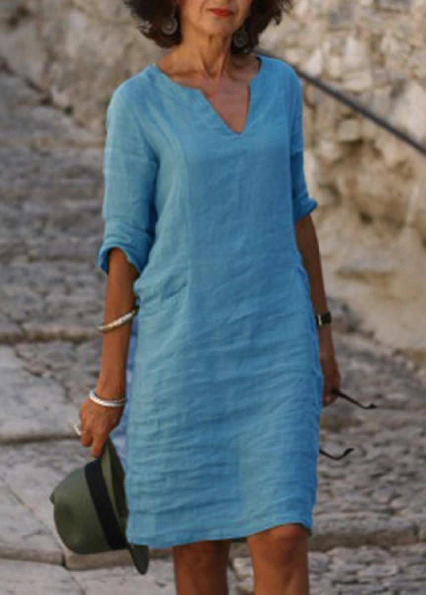Cotton And Linen Small V-Neck Splicing Retro Solid Color Seven-Point Sleeve Dress