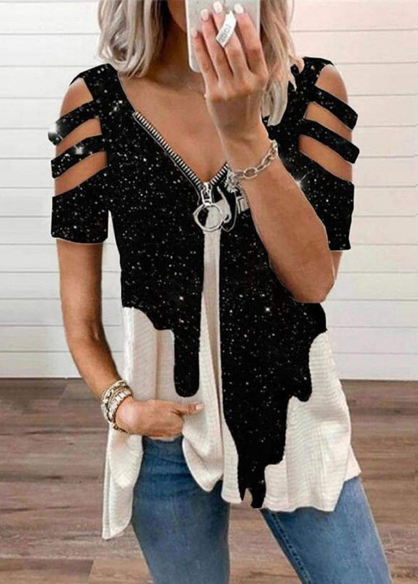 V-neck Zipper Loose Fit Printed Short Sleeve T-shirt