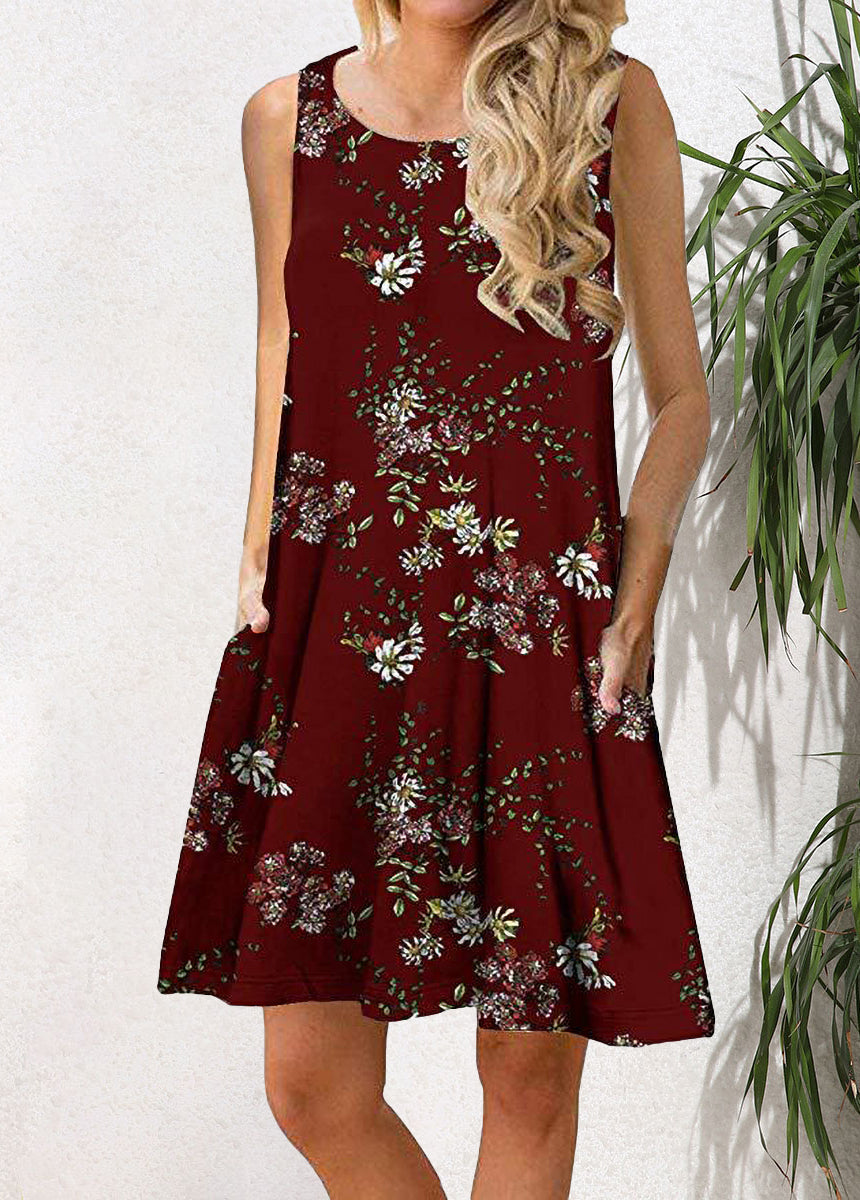 Sleeveless Pullover Printed Pocket Swing Round Neck Vest Dress
