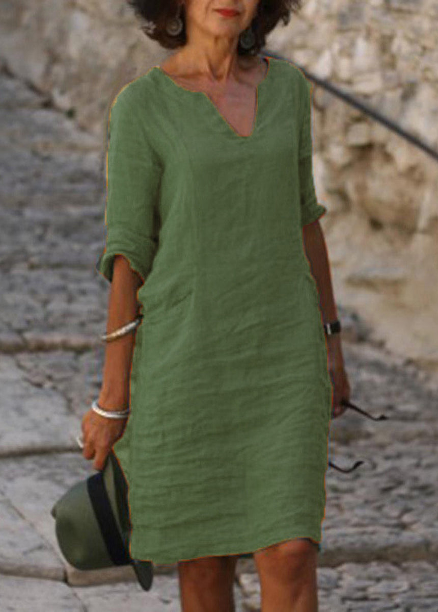 Cotton And Linen Small V-Neck Splicing Retro Solid Color Seven-Point Sleeve Dress