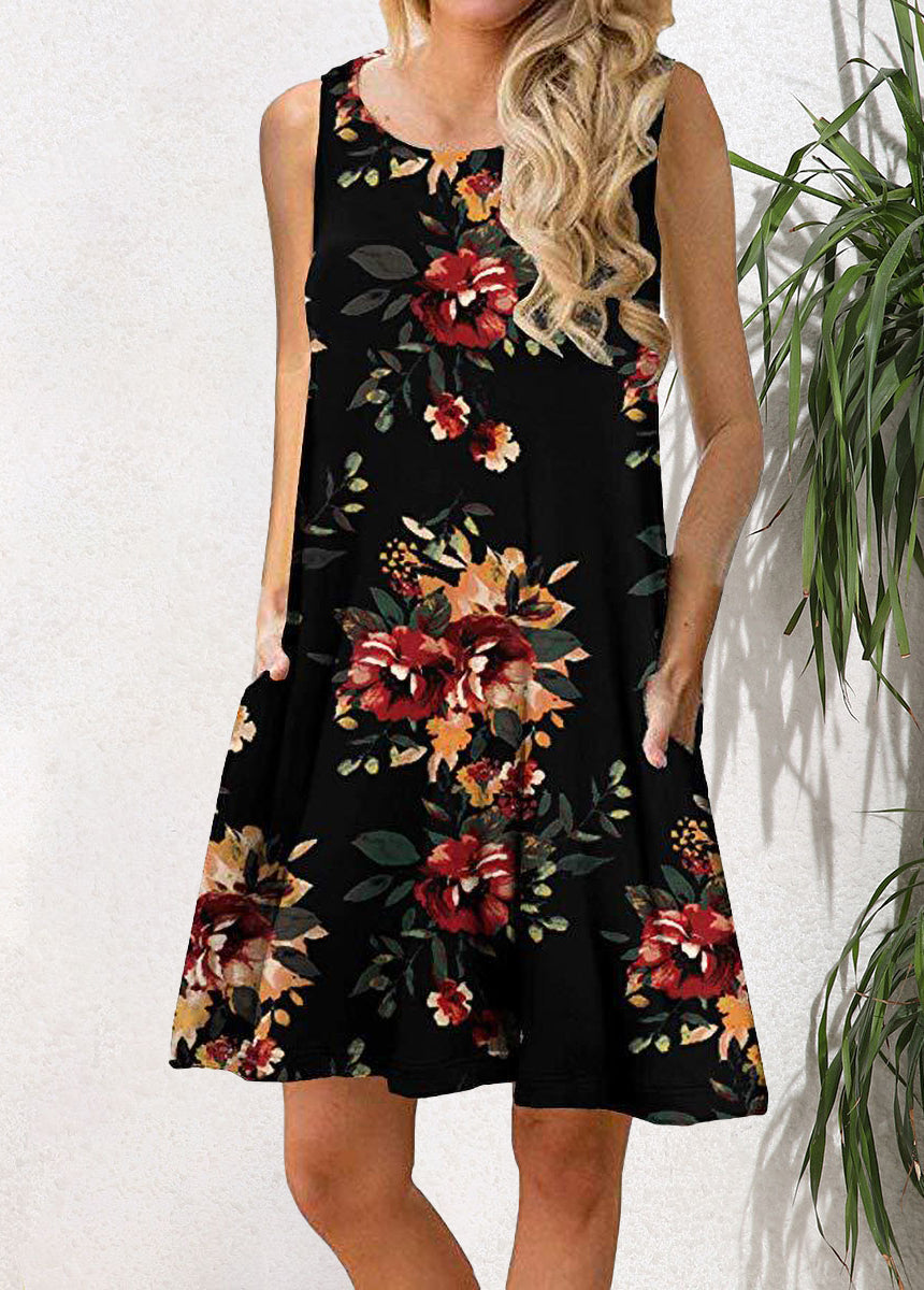 Sleeveless Pullover Printed Pocket Swing Round Neck Vest Dress