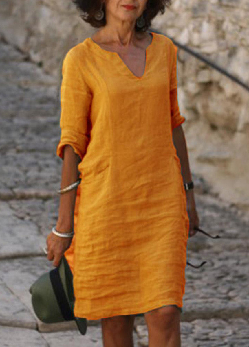 Cotton And Linen Small V-Neck Splicing Retro Solid Color Seven-Point Sleeve Dress