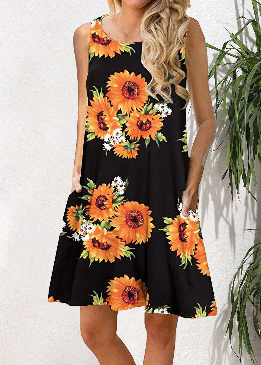 Sleeveless Pullover Printed Pocket Swing Round Neck Vest Dress