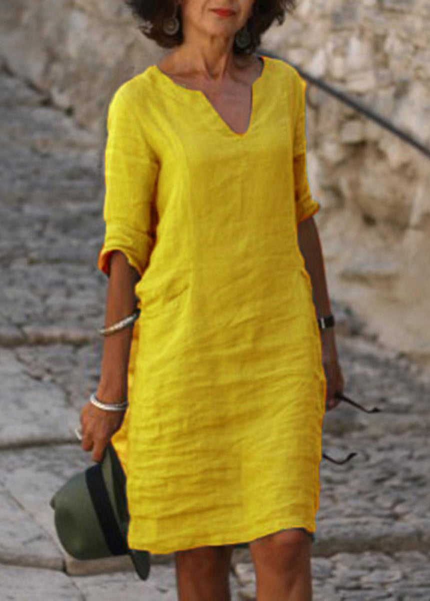 Cotton And Linen Small V-Neck Splicing Retro Solid Color Seven-Point Sleeve Dress