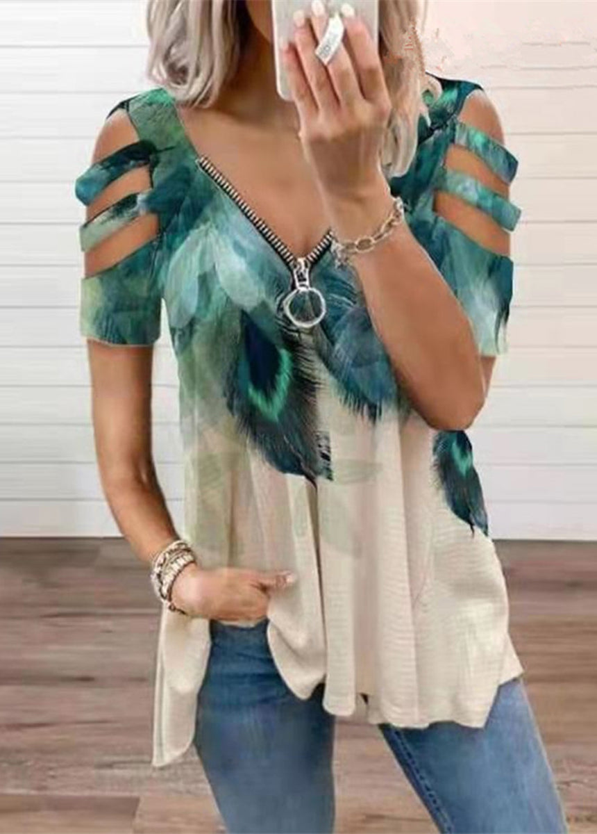 V-neck Zipper Loose Fit Printed Short Sleeve T-shirt