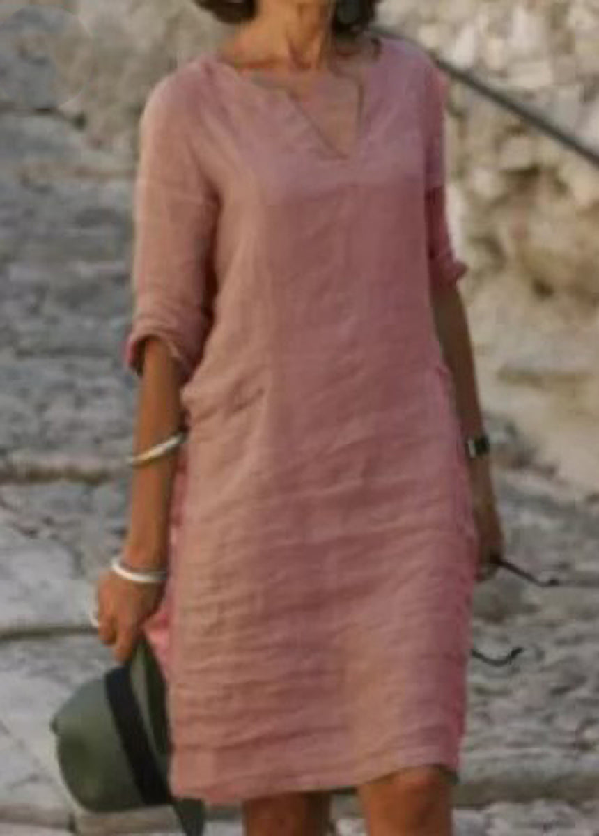 Cotton And Linen Small V-Neck Splicing Retro Solid Color Seven-Point Sleeve Dress