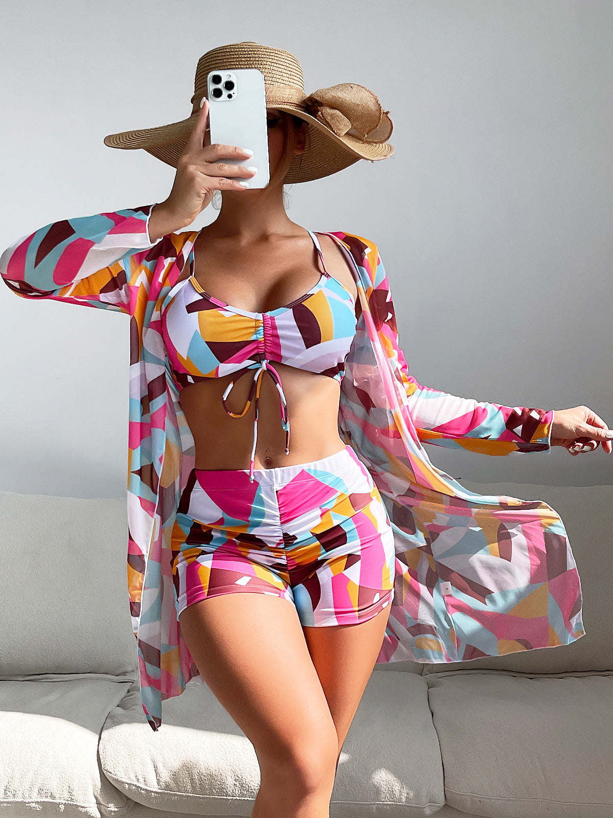 3pack Allover Print Drawstring Ruched Bikini Swimsuit