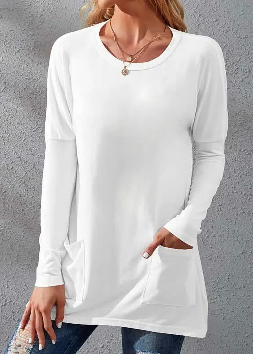 Solid Color Long Sleeve Loose Fit Round Neck Pocket T-shirt