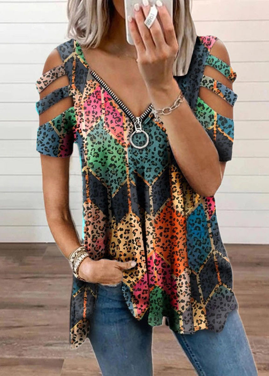 V-neck Zipper Loose Fit Printed Short Sleeve T-shirt