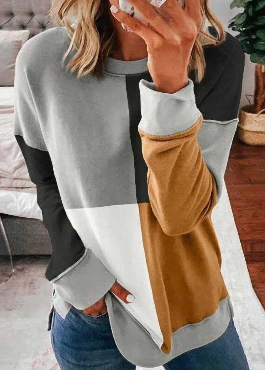 Spliced Color Block Round Neck Loose Long-sleeved Top