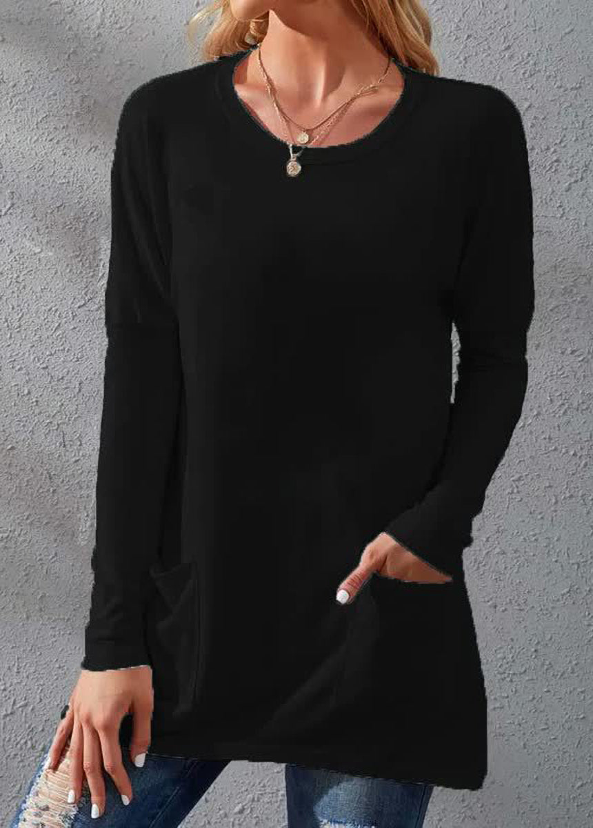 Solid Color Long Sleeve Loose Fit Round Neck Pocket T-shirt