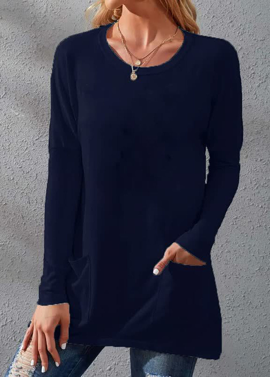 Solid Color Long Sleeve Loose Fit Round Neck Pocket T-shirt