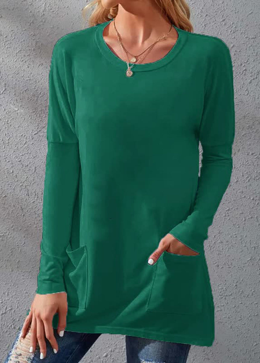 Solid Color Long Sleeve Loose Fit Round Neck Pocket T-shirt
