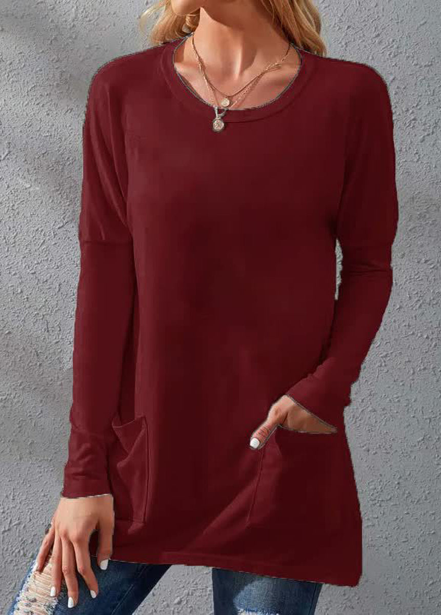 Solid Color Long Sleeve Loose Fit Round Neck Pocket T-shirt