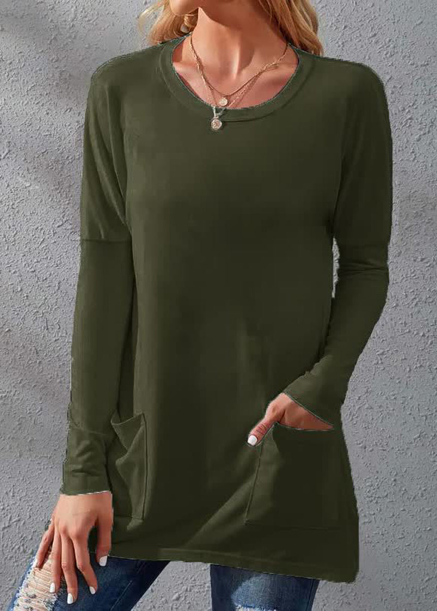 Solid Color Long Sleeve Loose Fit Round Neck Pocket T-shirt
