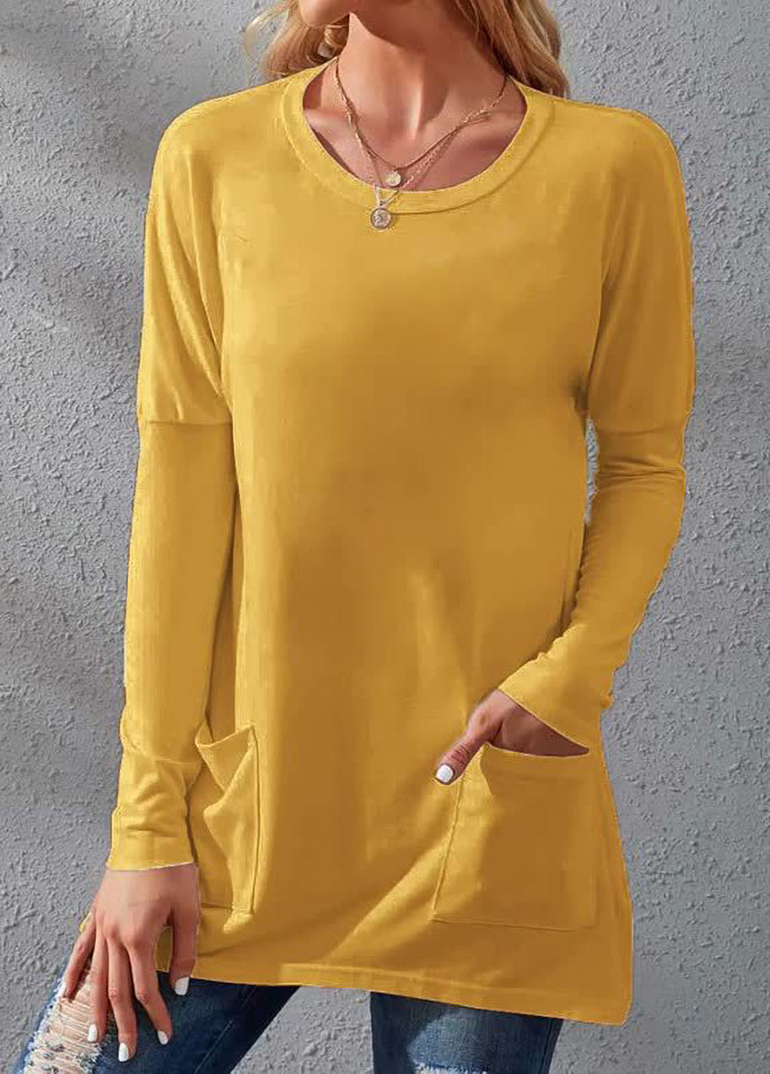 Solid Color Long Sleeve Loose Fit Round Neck Pocket T-shirt