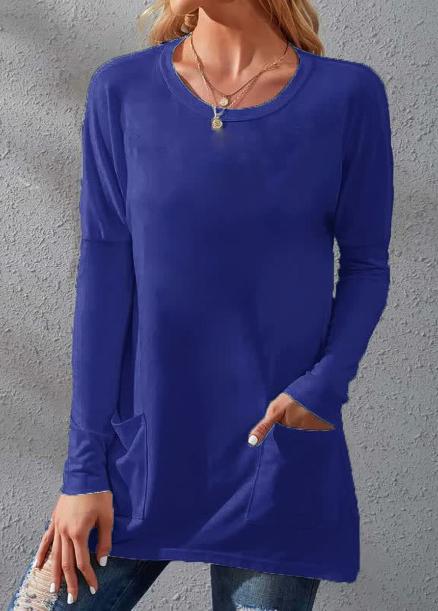 Solid Color Long Sleeve Loose Fit Round Neck Pocket T-shirt