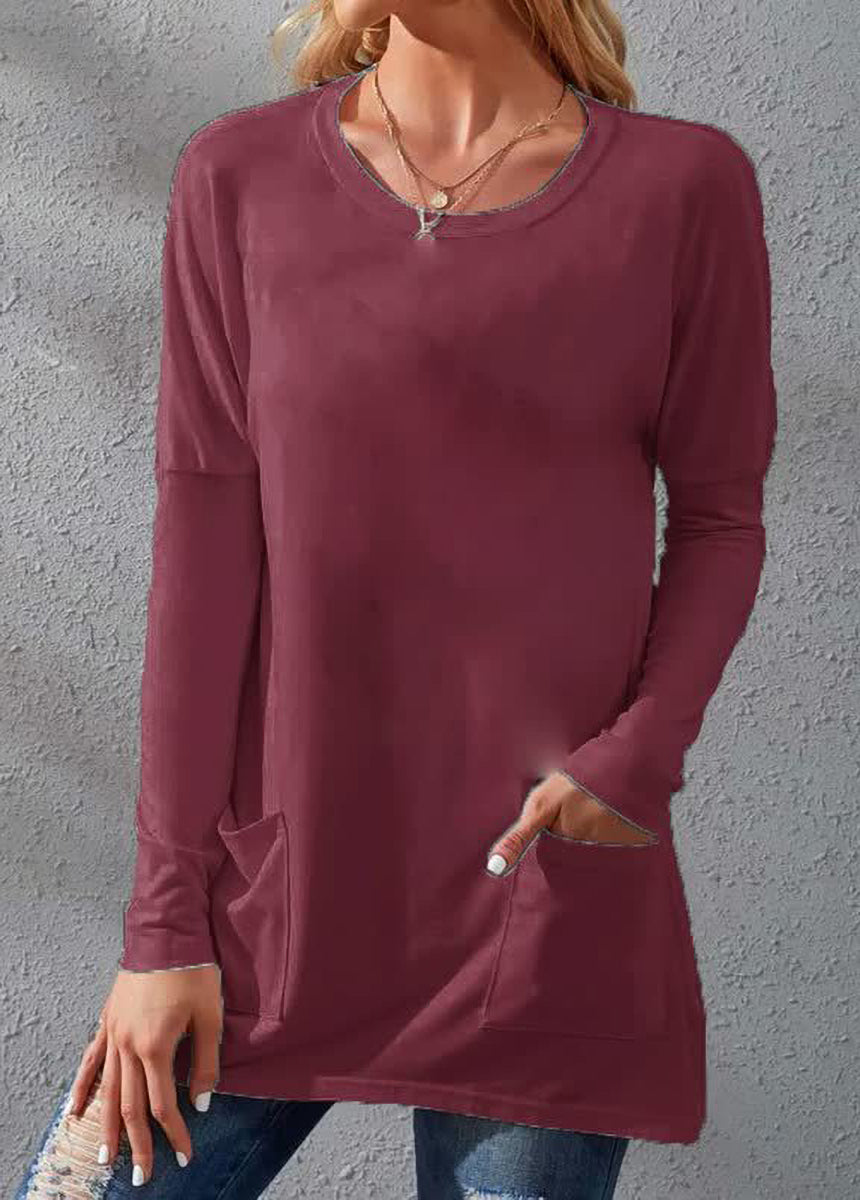 Solid Color Long Sleeve Loose Fit Round Neck Pocket T-shirt