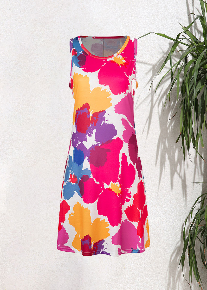 Sleeveless Pullover Printed Pocket Swing Round Neck Vest Dress
