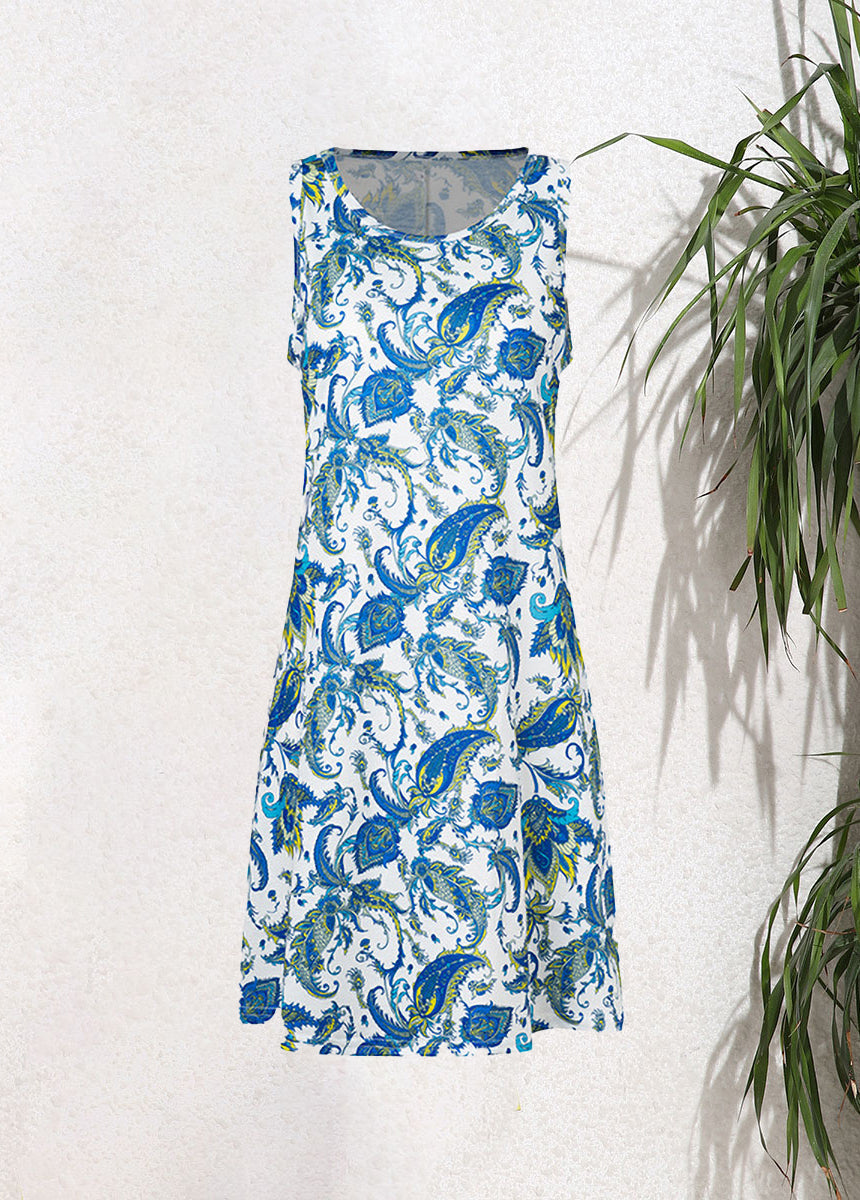 Sleeveless Pullover Printed Pocket Swing Round Neck Vest Dress