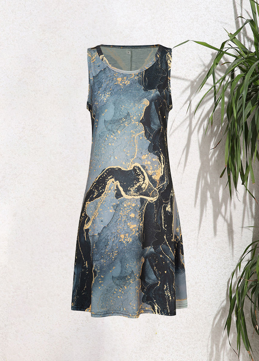 Sleeveless Pullover Printed Pocket Swing Round Neck Vest Dress