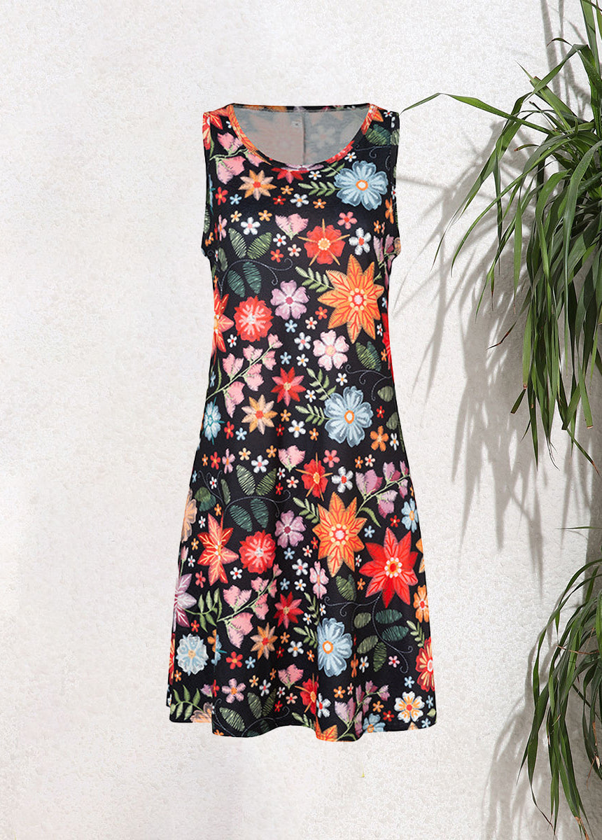 Sleeveless Pullover Printed Pocket Swing Round Neck Vest Dress