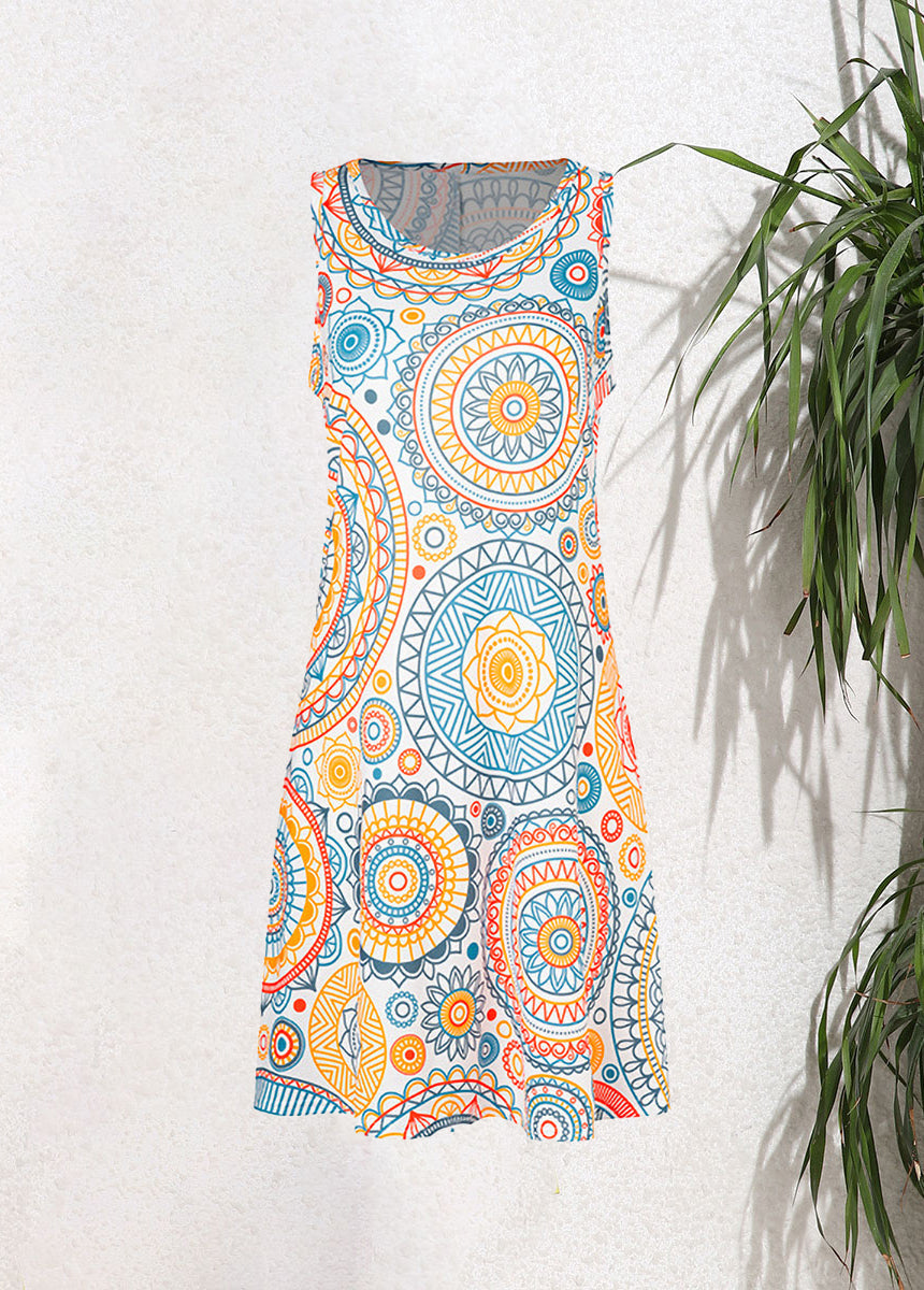 Sleeveless Pullover Printed Pocket Swing Round Neck Vest Dress