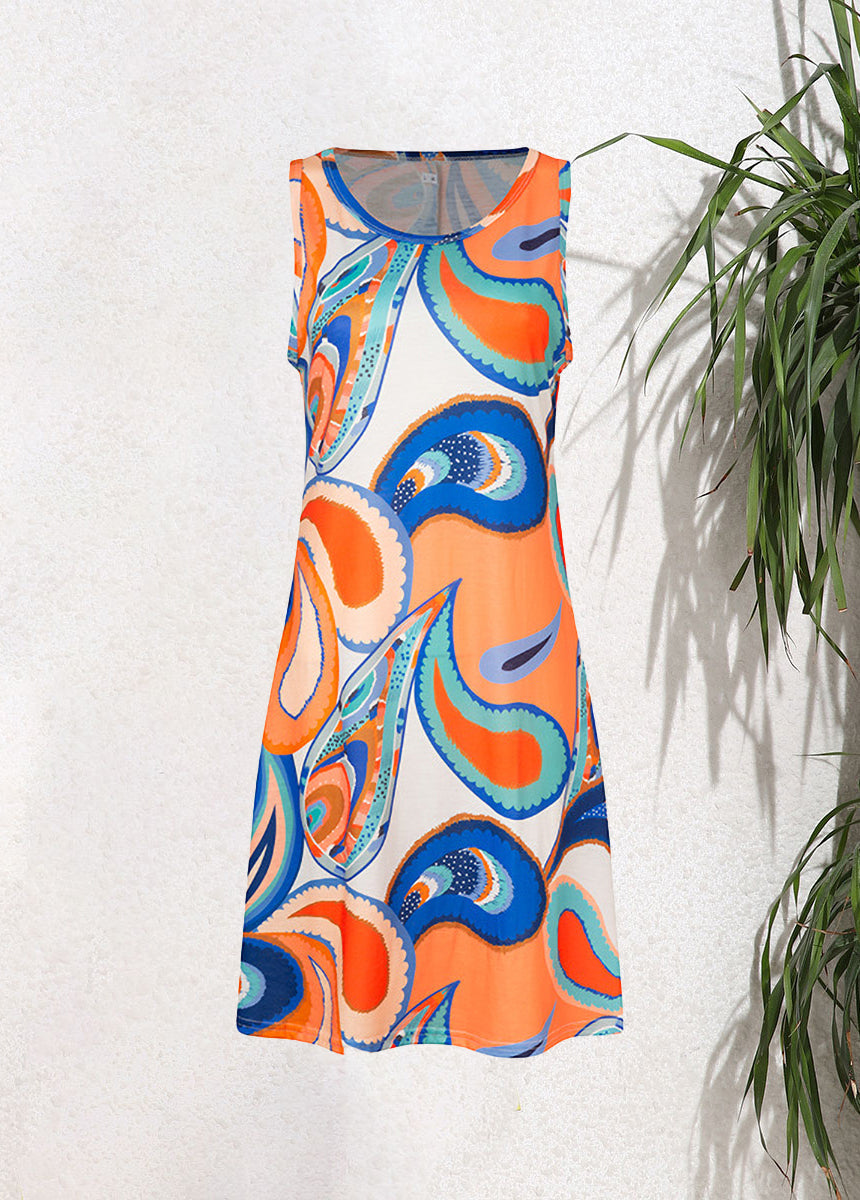 Sleeveless Pullover Printed Pocket Swing Round Neck Vest Dress