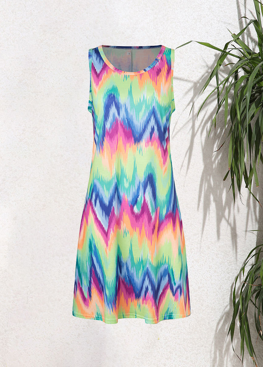 Sleeveless Pullover Printed Pocket Swing Round Neck Vest Dress