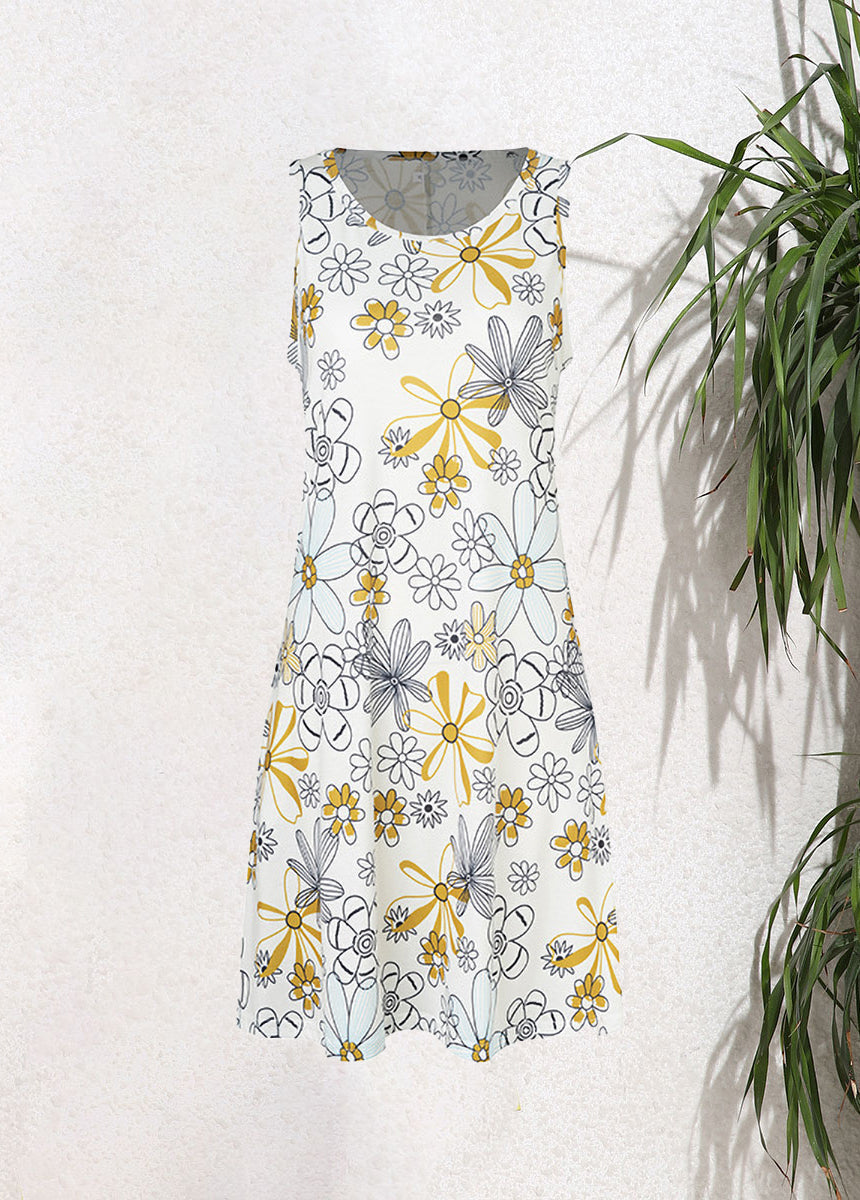 Sleeveless Pullover Printed Pocket Swing Round Neck Vest Dress